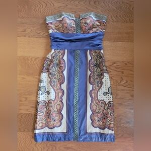 Nicole Miller Silk Dress Blue Paisley Strapless Size 6